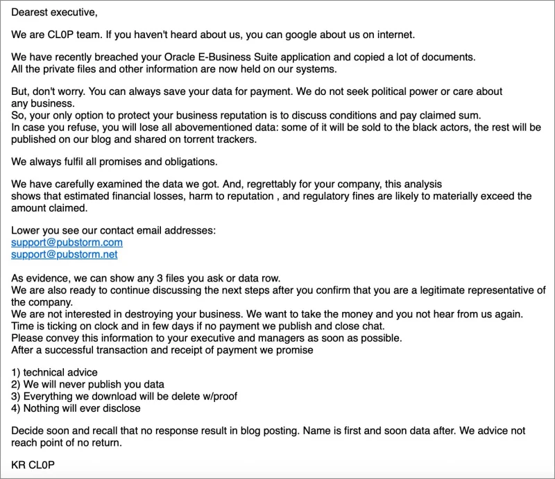  Письмо от хакеров Clop с требованием выкупа, отправленное клиентам Oracle. Источник изображения: Bleeping Computer 