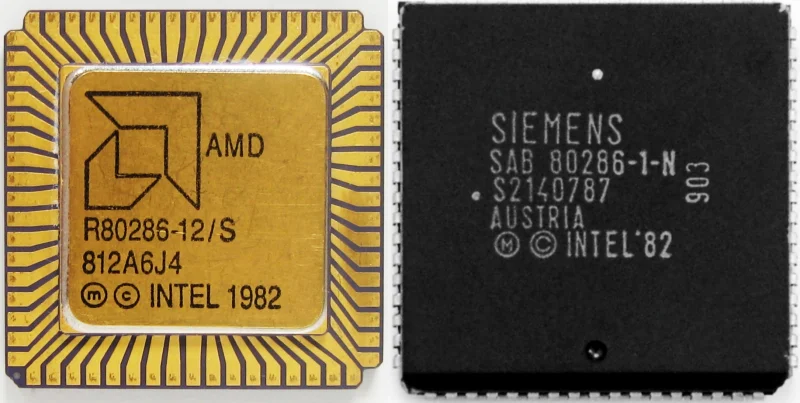  Ничего необычного; всего лишь CISC-процессоры Intel 80286, изготовленные в 1982 г. на предприятиях AMD (слева) и Siemens (источник: CPUMuseum) 