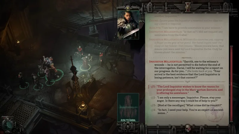  Вслед за Disco Elysium текст диалогов в Dark Heresy расположен в правой части экрана, а не снизу, как в Rogue Trader 