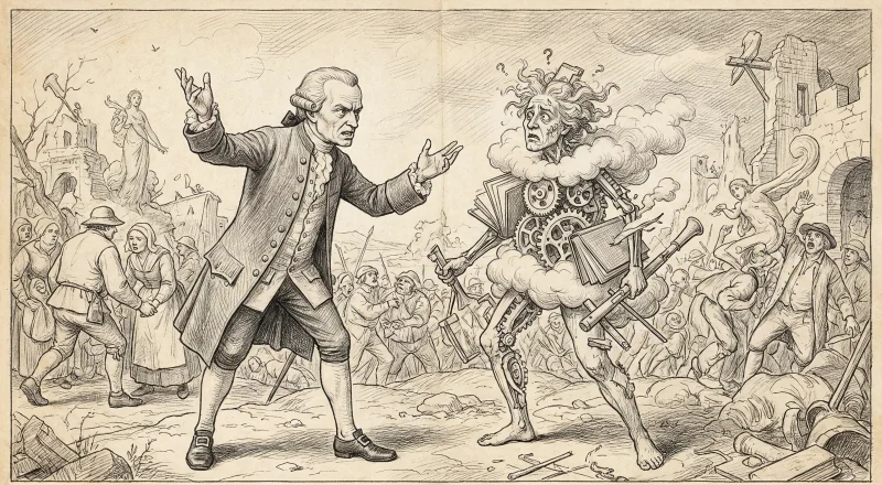  Верный подданный Её Императорского Величества Елизаветы Петровны Иммануил Кант критикует Чистый Разум при большом стечении не на шутку заинтересованного народа; рисунок Питера Брейгеля Старшего (источник: ИИ-генерация на основе модели Nano Banana) 