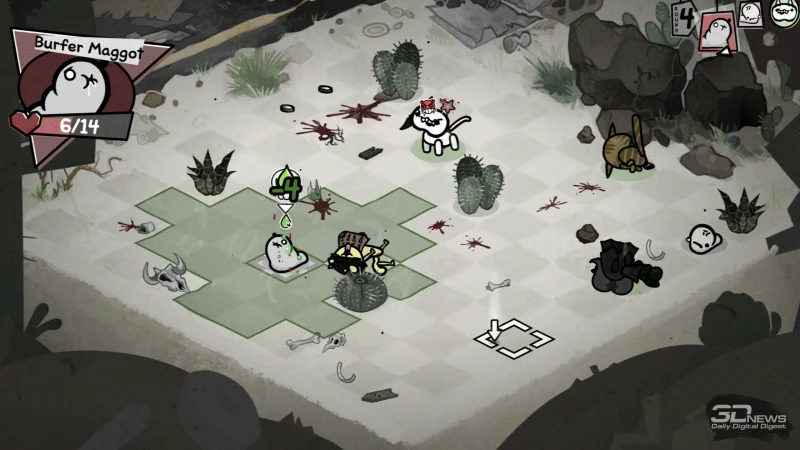  Когда у кота закончится здоровье в бою, он потеряет сознание и получит травму — перманентный штраф к случайной характеристике. Но если противник уничтожит тело, то, увы, это конец для хвостатого 