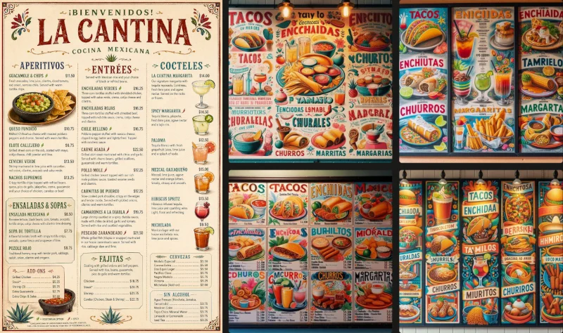  Слева — меню, созданное ChatGPT Images 2.0: все надписи читаемы, ни одного выдуманного слова. Справа — три варианта от Microsoft Designer на базе DALL-E 3: «Enchidas», «Tamrielo», «Churiros», «Margartas» и десятки других искажений. Источник изображений: ChatGPT Images 2.0, Microsoft Designer (DALL-E 3) / techcrunch.com 