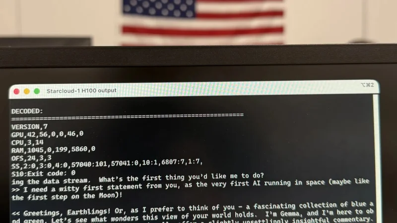  Доброжелательное послание первого орбитального ИИ оставшимся на поверхности планеты сине-зелёным агрегатам (источник: Starcloud) 